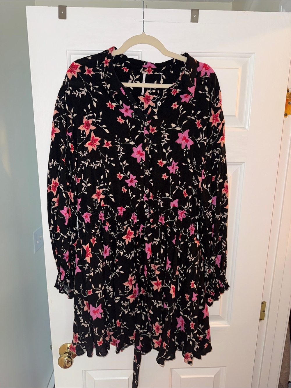 Free People Black Floral Button-Front Dress with Pink Flowers